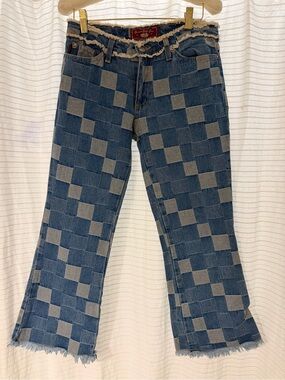 Checkerboard Flare Jeans in Blue - Women's Wide Leg